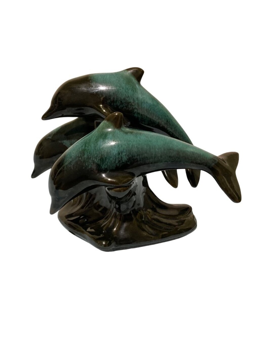 Blue Mountain Pottery Pod of Three Swimming Dolphins Figurine Blue & Green